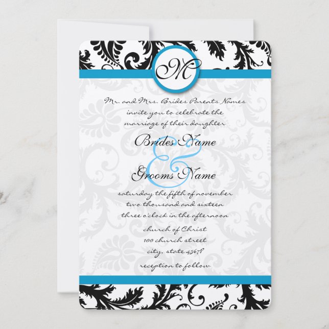 Bright Aqua Damask Swirls Wedding Invitation (Front)