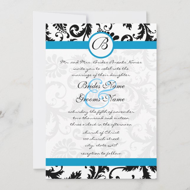 Bright Aqua Damask Swirls Wedding Invitation 5 x 7 (Front)