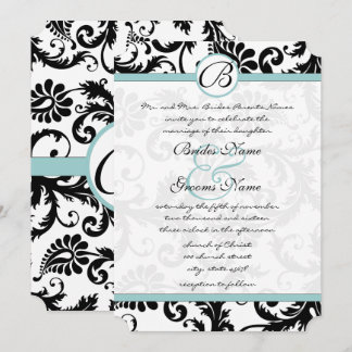Bright Aqua Damask Swirls Wedding Invitation 5 x 7