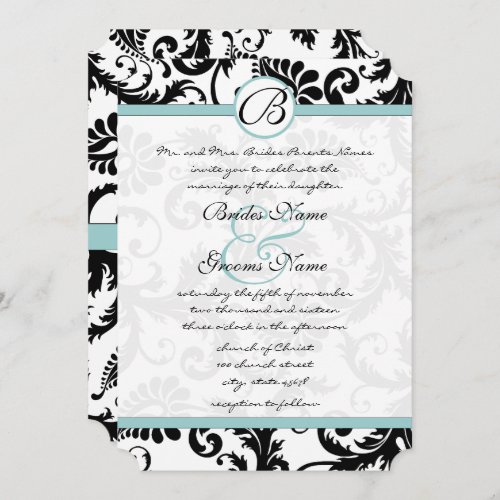 Bright Aqua Damask Swirls Wedding Invitation 5 x 7