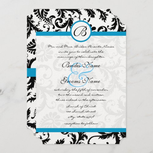 Bright Aqua Damask Swirls Wedding Invitation 5 x 7