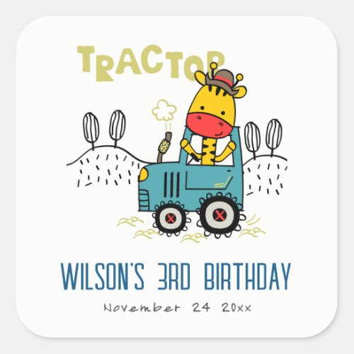Bright Aqua Giraffe In Farm Tractor Boys Birthday Square Sticker