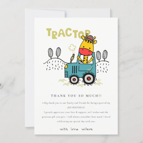 Bright Aqua Giraffe In Farm Tractor Boys Birthday Thank You Card
