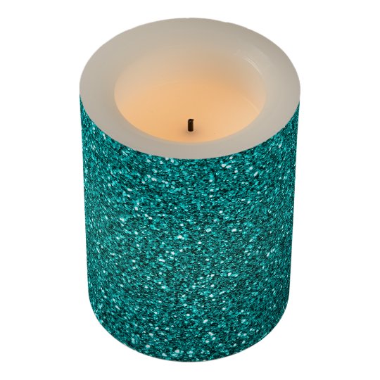 Bright aqua glitter flameless candle