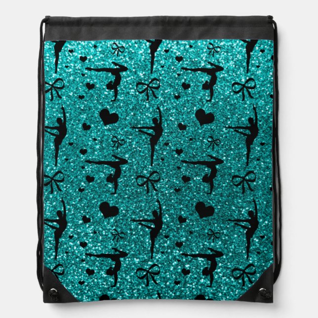 Bright aqua gymnastics glitter pattern drawstring bag (Front)