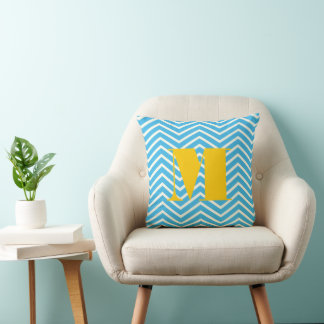 Bright Aqua Ivory and Gray Monogram Zig Zag Throw Pillow