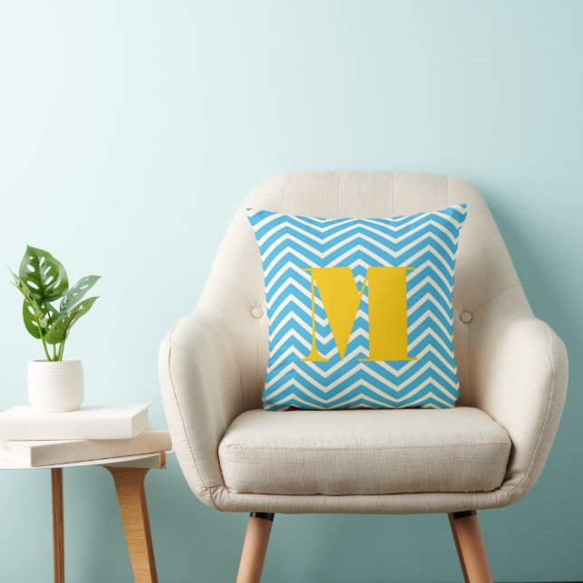 Bright Aqua Ivory and Gray Monogram Zig Zag Throw Pillow (Chair)