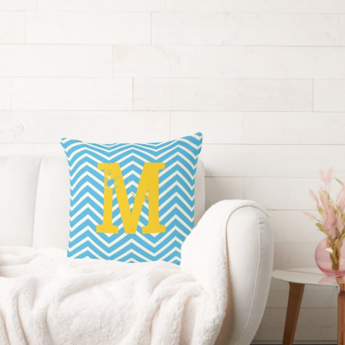 Bright Aqua Ivory and Gray Monogram Zig Zag Throw Pillow