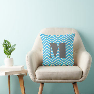 Bright Aqua Ivory and Gray Monogram Zig Zag Throw Pillow