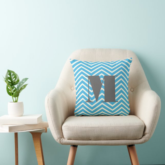 Bright Aqua Ivory and Gray Monogram Zig Zag Throw Pillow (Chair)