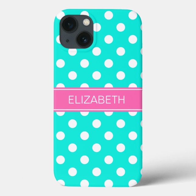 Bright Aqua White Polka Dots #2 Hot Pink Monogram Case-Mate iPhone Case (Back)
