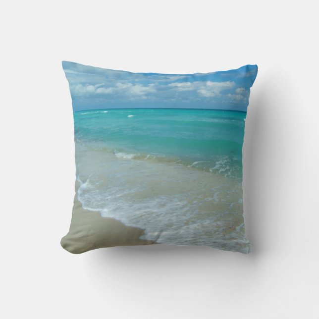Bright Aqua White Waves Crashing on Beach Shore Throw Pillow (Front)