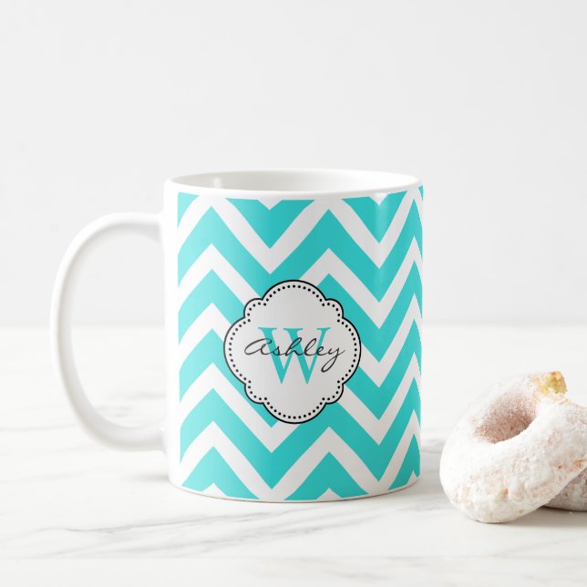 Bright Aquamarine Chevron Stripes with Monogram Coffee Mug (With Donut)
