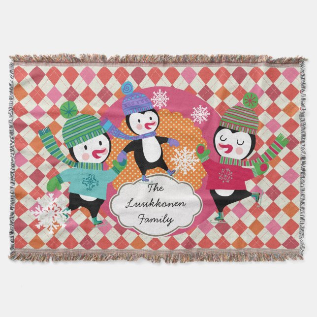 Bright Argyle Skating Penguins Holiday Throw Throw Blanket (Front)