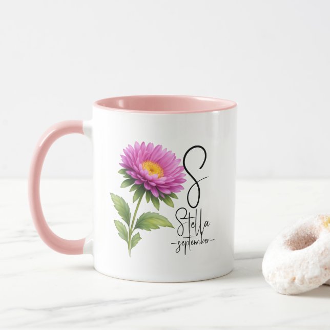 Bright Aster Monogram – September Birth Flower Mug (With Donut)