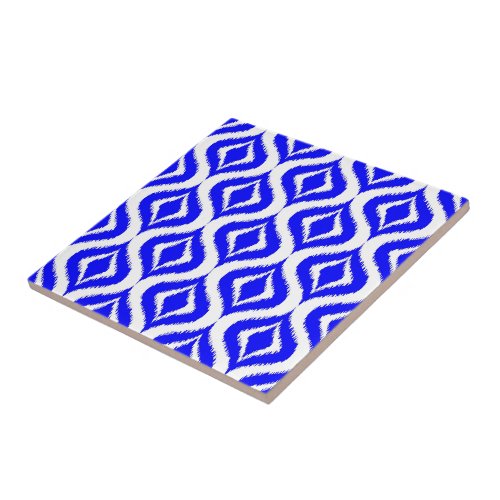 Bright Azure Blue Retro Chic Ikat Drops Pattern Ceramic Tile