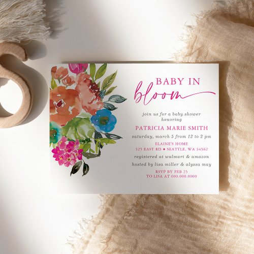 Bright Baby in Bloom Pink Floral Girl Baby Shower Invitation