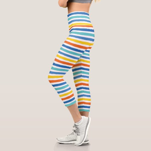 Bright Beachy Striped Pattern Capri Leggings