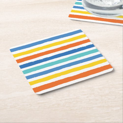 Bright Beachy Striped Pattern Square Paper Coaster