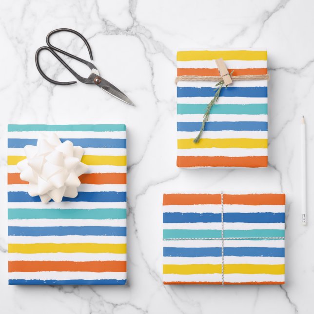 Bright Beachy Striped Pattern Wrapping Paper Sheets (Front)