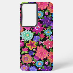 Bright Beautiful Boho Flowers on Black Samsung Galaxy S21+ Case