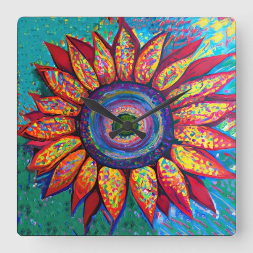 Bright Beautiful Boho Sunflower Square Wall Clock