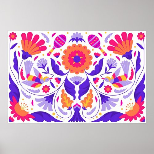 Bright Beautiful Mexican Floral Folk Art Poster