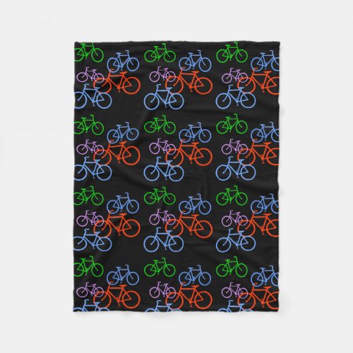 Bright Bicycles Pattern on Black Fleece Blanket