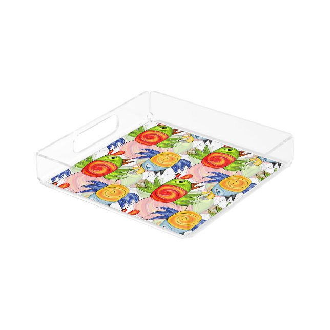 Bright bird doodle design acrylic tray (Angled)