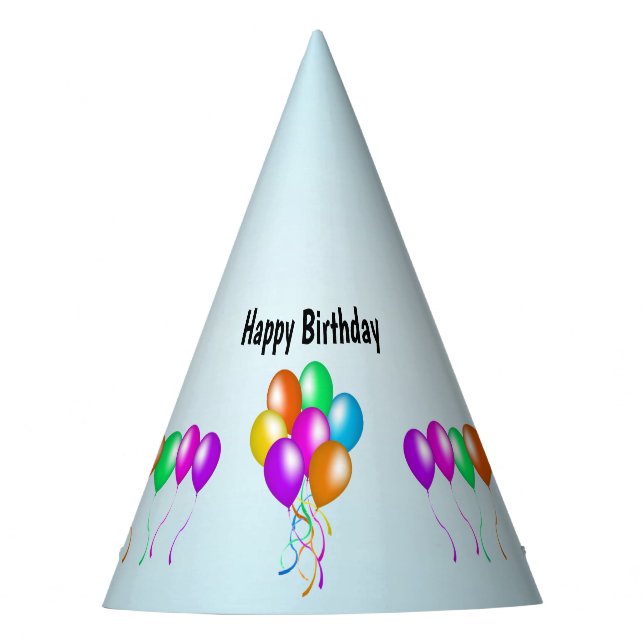 Bright Birthday Balloons Various Colors on blue Party Hat (Front)