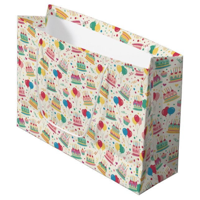 Bright Birthday Cakes and Balloons Wrapping Paper Large Gift Bag (Front Angled)