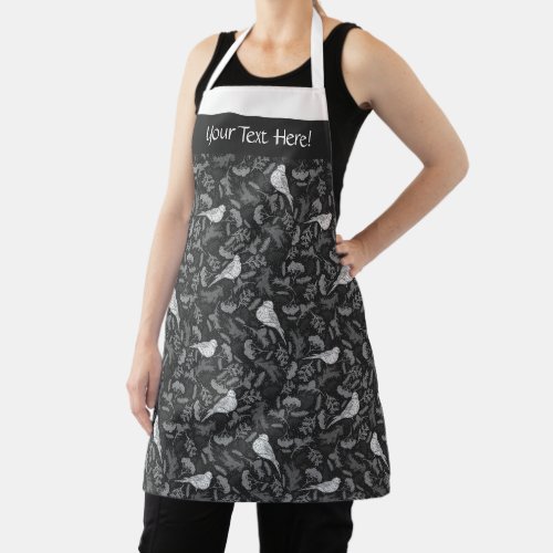 Bright Black and Winter White Birds Floral Pattern Apron