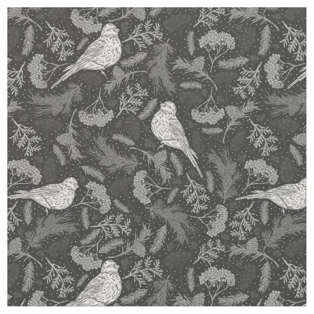Bright Black and Winter White Birds Floral Pattern Fabric (Close Up)