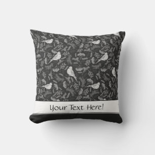 Bright Black and Winter White Birds Floral Pattern Throw Pillow