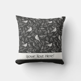Bright Black and Winter White Birds Floral Pattern Throw Pillow