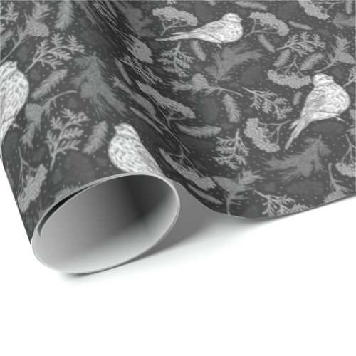 Bright Black and Winter White Birds Floral Pattern Wrapping Paper