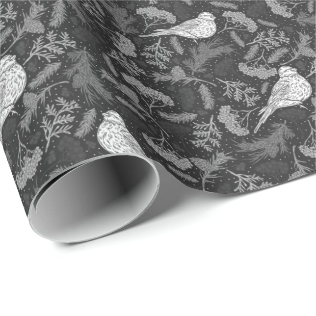 Bright Black and Winter White Birds Floral Pattern Wrapping Paper (Roll Corner)