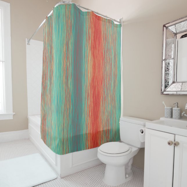 Bright Blended Lines Red Orange Turquoise Shower Curtain (In Situ)