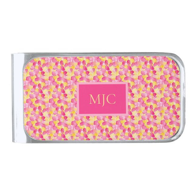Bright Blobs “Pink Lemonade” Abstract Monogram Silver Finish Money Clip (Front)