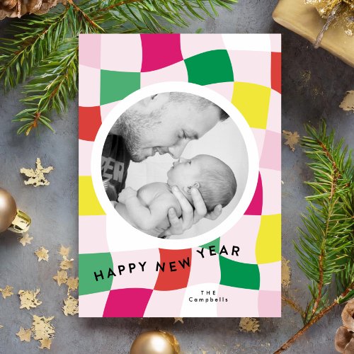 Bright Blocks Modern Plaid Happy New Year  Photo Holiday Card