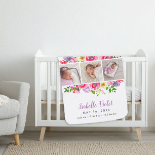 Bright Blooms 3 Photo Baby Name Blanket