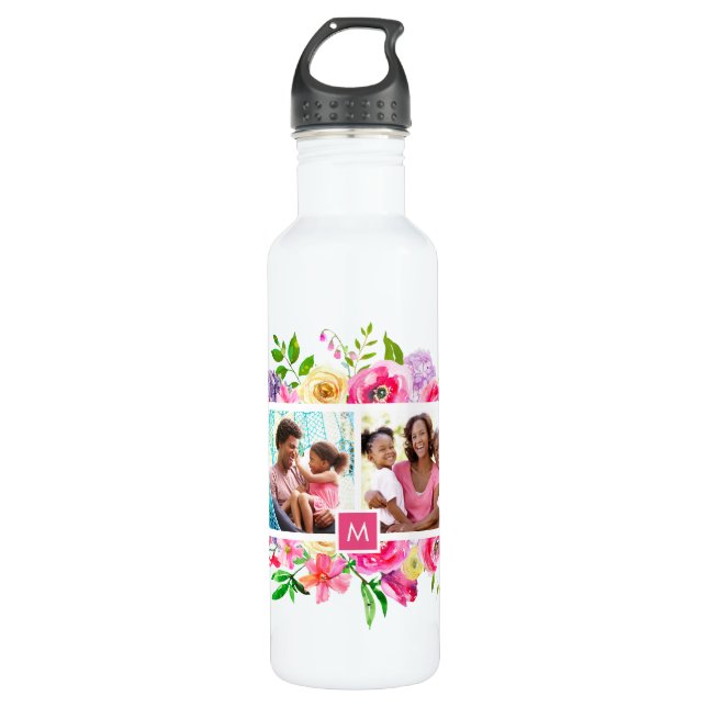 Bright Blooms 4 Photo Collage Monogrammed Stainless Steel Water Bottle (Front)