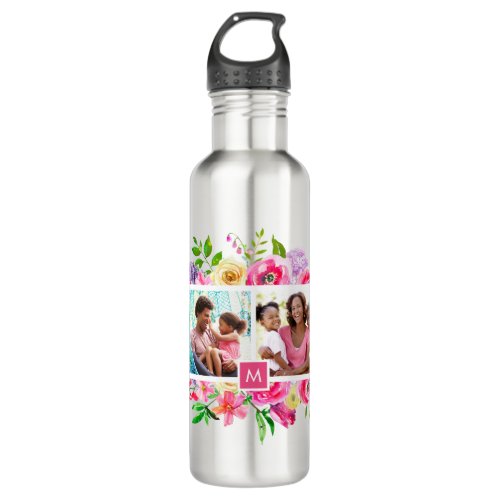 Bright Blooms 4 Photo Collage Monogrammed Stainless Steel Water Bottle