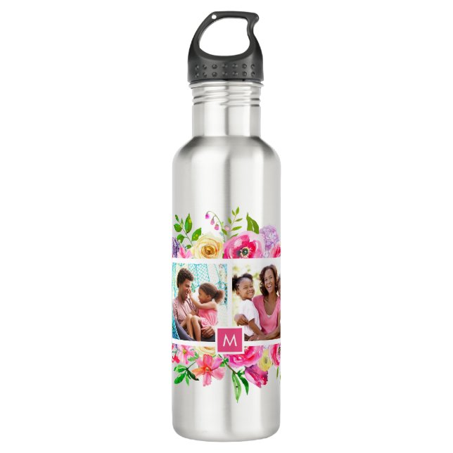 Bright Blooms 4 Photo Collage Monogrammed Stainless Steel Water Bottle (Front)