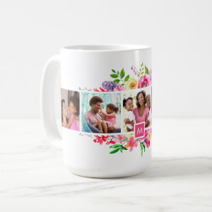 Bright Blooms 5 Photo Collage Monogrammed Coffee Mug