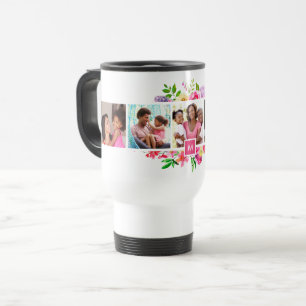 Bright Blooms 5 Photo Collage Monogrammed Travel Mug