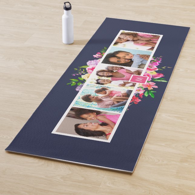 Bright Blooms 5 Photo Collage Monogrammed Yoga Mat (In Situ)