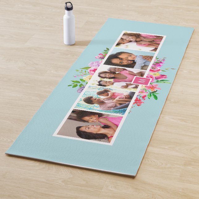 Bright Blooms 5 Photo Collage Monogrammed Yoga Mat (In Situ)