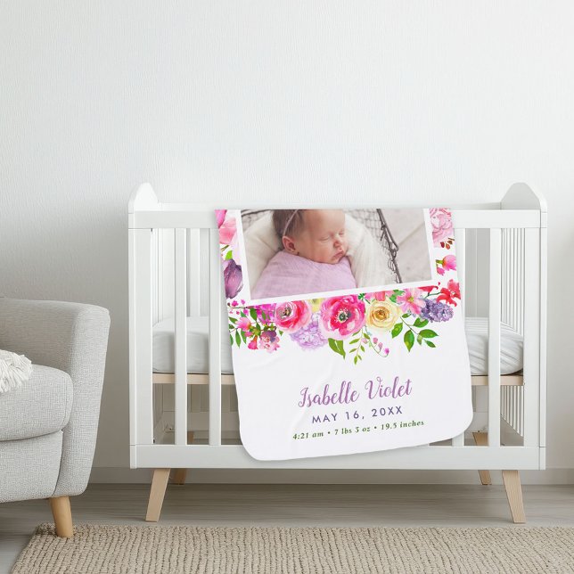 Bright Blooms Baby Girl Birth Stat Photo Baby Blanket (Creator Uploaded)