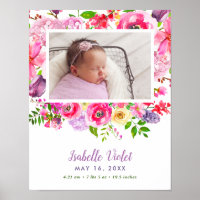 Bright Blooms Baby Girl Birth Stat Photo Poster